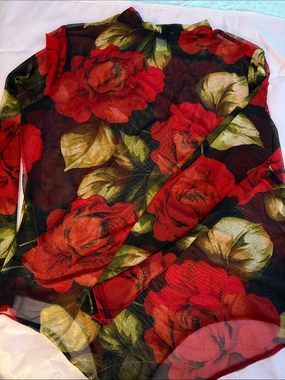 Rainbow Red Rose Sheer Long-Sleeve Bodysuit